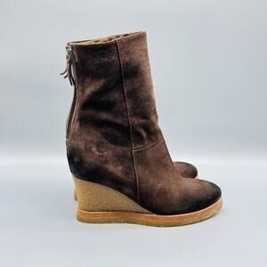Vic Boots Womens 6.5 Brown Suede Wedge Mid Calf Back Zip Crepe Vintage
